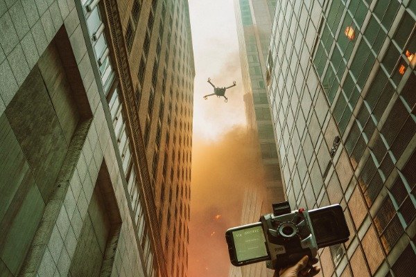 Urban drone flight Drone flying in urban fire smoke scene (ID#2)