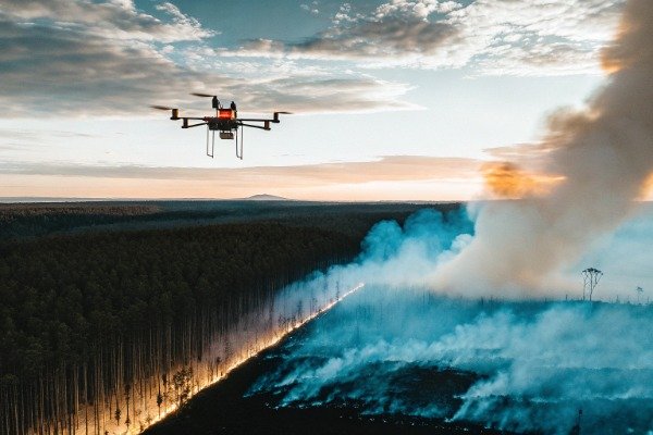 Hybrid drone flying over forest fire at sunset (ID#3)