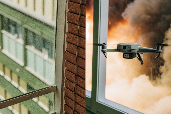 Camera drone monitoring fire with smoke background (ID#4)