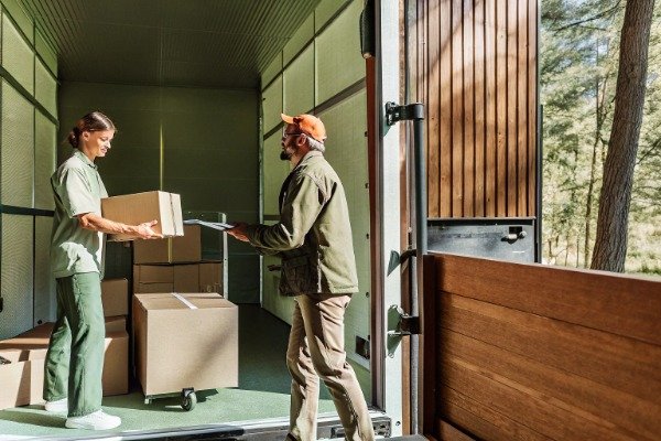 Two men handling boxes inside delivery truck (ID#4)