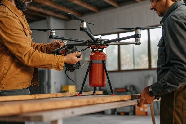 Modular drone assembly Technicians assembling modular drone with fire extinguisher (ID#4)