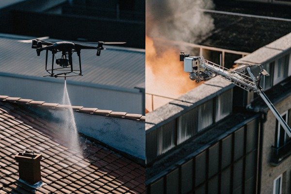 Drone with different payloads spraying water on fire (ID#4)