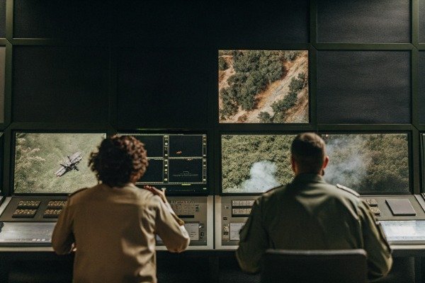High-tech command center Command center monitoring drone data screens (ID#5)