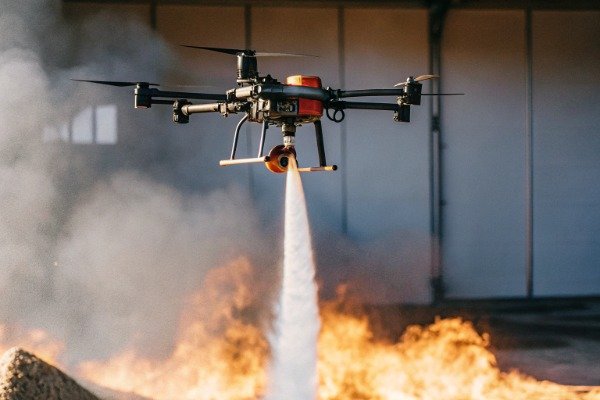 Drone firefighting hovering over fire with water spray (ID#1)