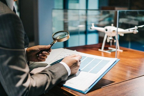 Manager examining drone document with magnifying glass (ID#1)