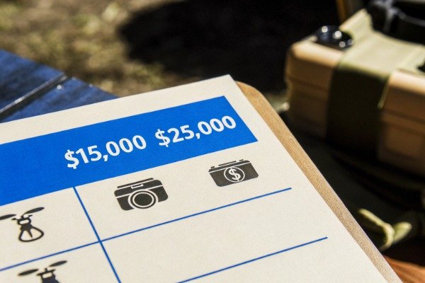 Close-up document showing drone budget details (ID#1)