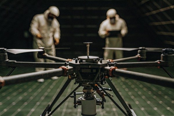 Advanced drone close-up with operators in background (ID#1)