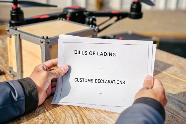 Shipping documents Hands holding customs declarations and bills of lading (ID#2)