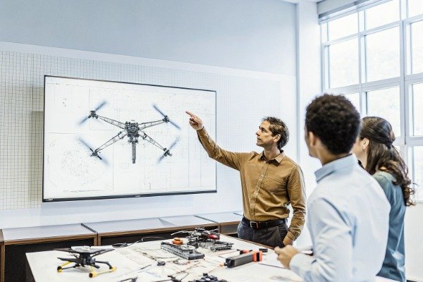 Diverse engineers discussing drone design in lab (ID#2)