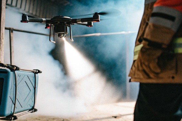 Firefighting drone with spotlight in smoke (ID#2)