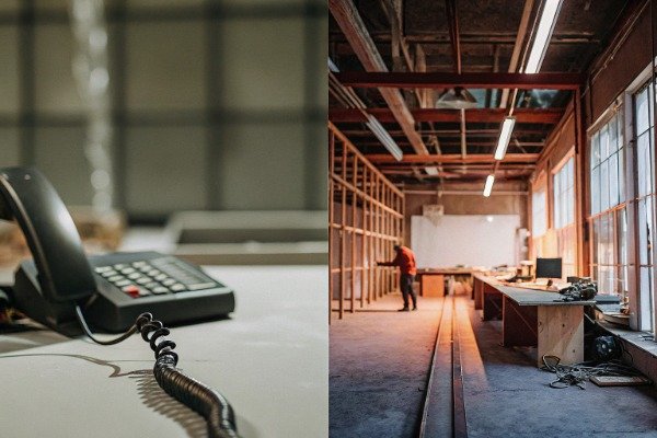 Empty office scene Dimly lit empty customer office with phone close-up (ID#2)