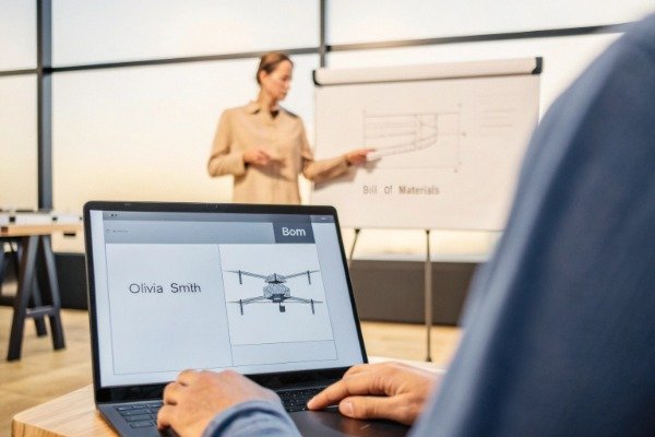 Procurement manager reviewing drone design on laptop (ID#3)