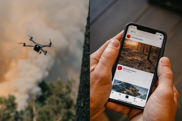 Drone flying over forest during firefighting operation (ID#3)