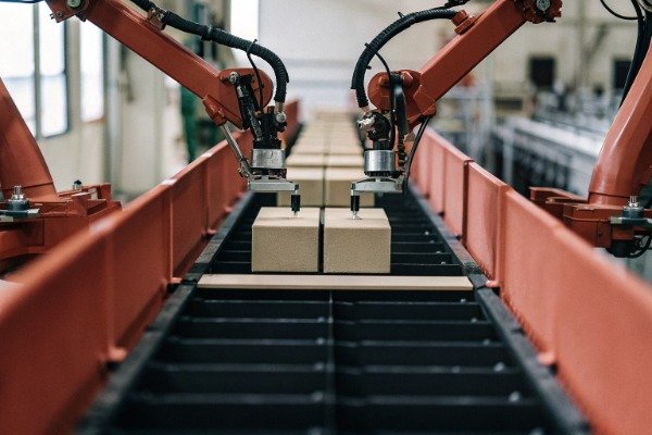 Automated Assembly Robotic arms assembling packages on conveyor belt (ID#3)