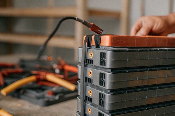 Stacked industrial drone batteries charging (ID#3)