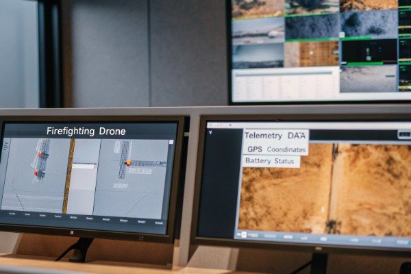 Live drone feed Firefighting drone live video feed on dual screens (ID#3)