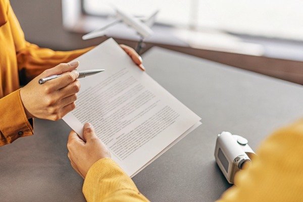 Contract review Person reviewing contract document with pen (ID#4)