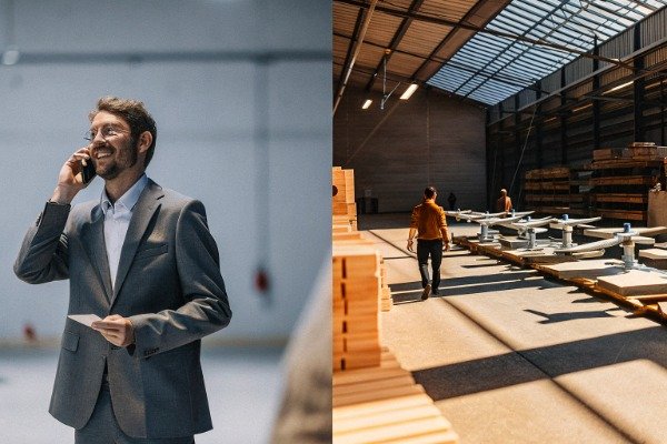 Factory scene Salesperson in factory with stark contrast lighting (ID#4)