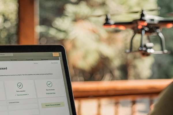 Secure digital transaction shown on laptop with drone flying (ID#4)