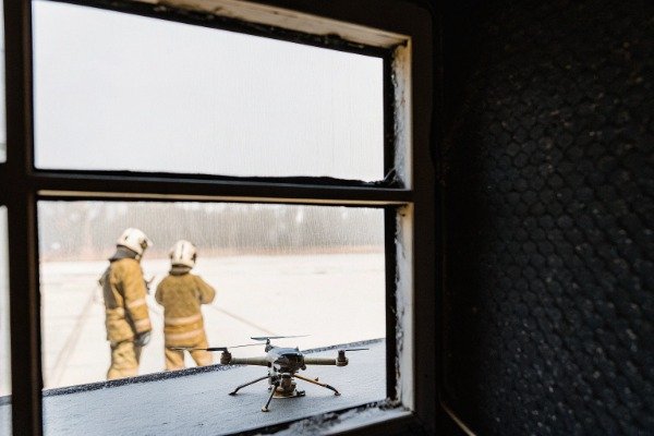 Firefighting Drone Drone on window ledge with firefighters outside (ID#4)