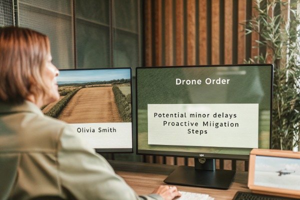 Manager reviewing drone order on computer screens (ID#4)