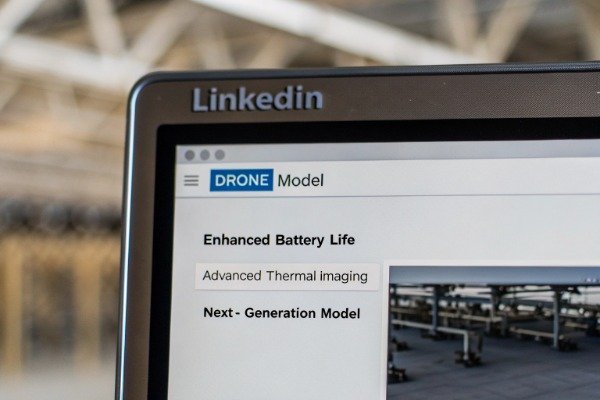 Close-up of laptop showing drone model on LinkedIn (ID#4)