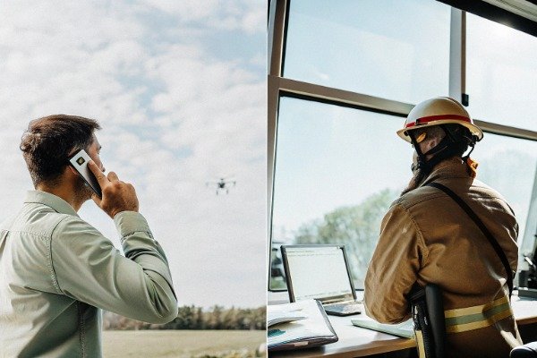 Drone flight monitoring Drone operator and colleague monitoring flight from control room (ID#4)