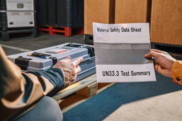 Professional inspecting logistics drone with safety data sheet (ID#5)