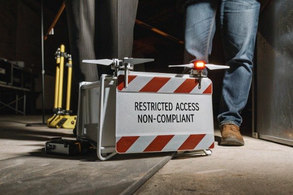 Restricted access sign Restricted access non-compliant sign with drone (ID#5)