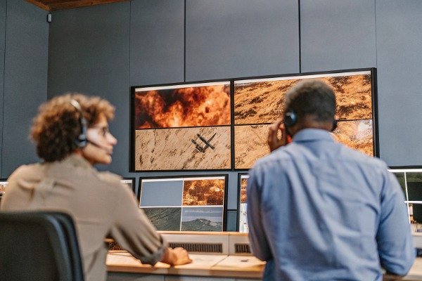 Control room Control room with multiple screens showing fire footage (ID#5)