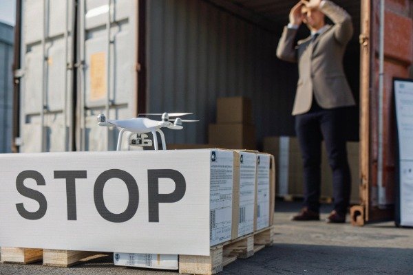 Customs paperwork issue Frustrated business owner with drone and paperwork at customs (ID#5)