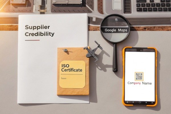 Flat lay of supplier credibility documents and phone (ID#5)