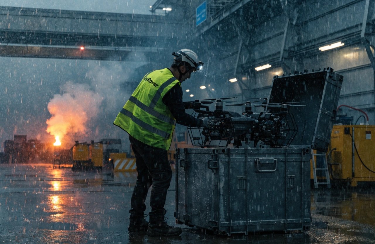 Industrial technician preparing SkyRover drone for MRO service in rainy outdoor setting (ID#1)