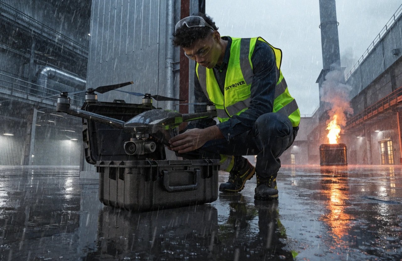 Industrial Drone MRO Service Technician inspecting SkyRover drone for industrial maintenance during heavy rain (ID#2)