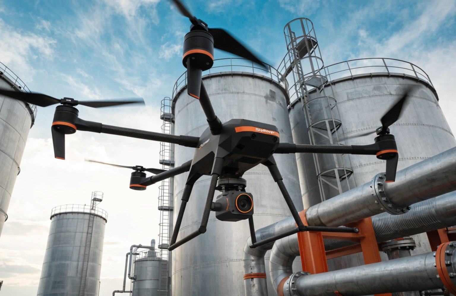 SkyRover Industrial Drone Flight SkyRover drone hovering near industrial storage tanks at a high-end manufacturing facility (ID#3)