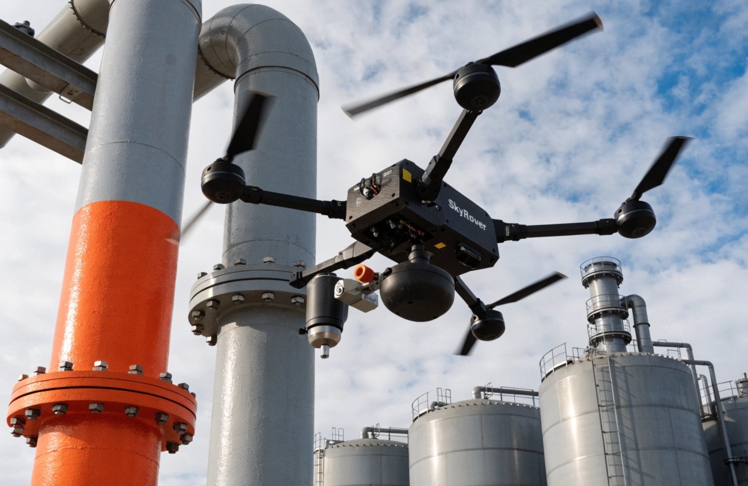 Automated Pipeline Inspection Drone Low angle view of SkyRover drone performing automated inspection of industrial pipelines (ID#4)
