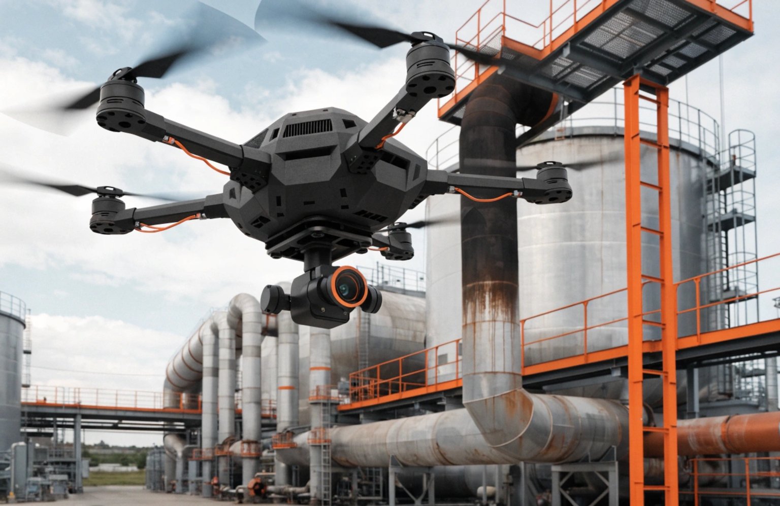 Professional Industrial Inspection Drone Powerful SkyRover drone equipped with professional sensors flying at a modern industrial plant (ID#5)