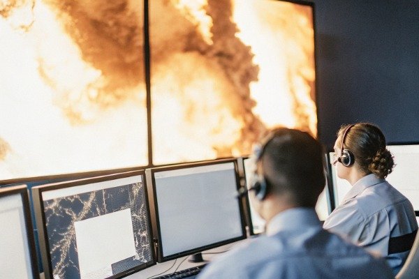 فنيو الطائرات بدون طيار يراقبون البيانات في غرفة التحكم ذات الإضاءة الخافتة (ID#1)