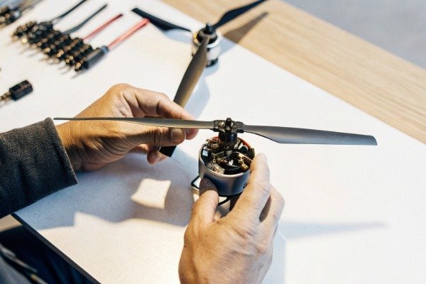 Drone inspection Technician hands inspecting drone propeller closely (ID#3)