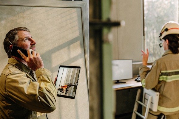 Technician using tablet and phone in fire station control room (ID#3)