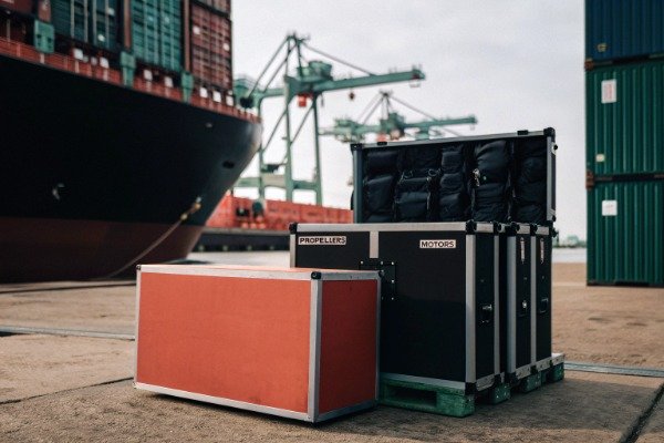 Shipping cargo drone at busy international port with containers (ID#4)