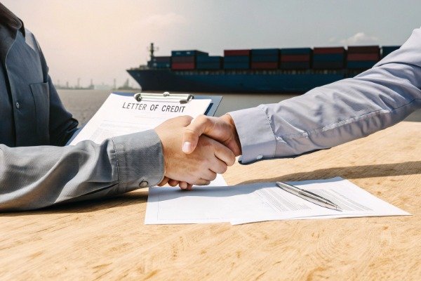 Business agreement Handshake over letter of credit with shipping containers (ID#5)