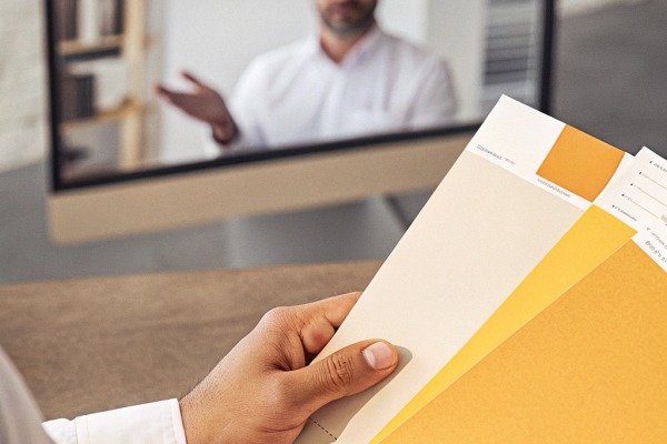 عينات الألوان على الإنترنت شخص يحمل حوامل ألوان أثناء مكالمة فيديو (ID#4)