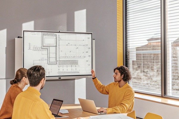 Team meeting Team meeting with digital blueprint on screen (ID#3)