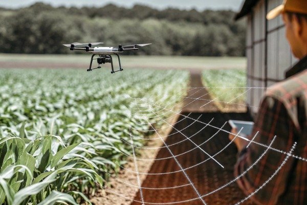Drone flying over crops with farmer using tablet (ID#5)