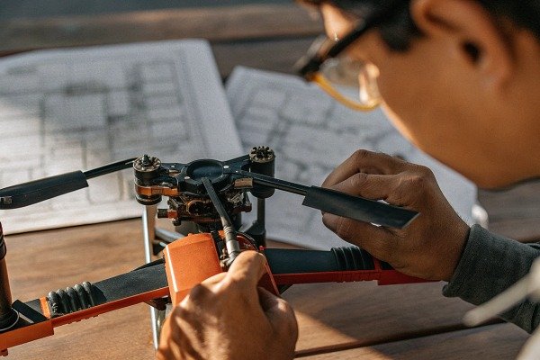 Technician repairing drone propeller (ID#2)