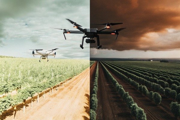 Split view of agricultural drone monitoring crop health (ID#2)