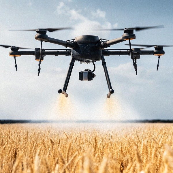 Agricultural drone flying over a golden wheat field, spraying. (ID#1)