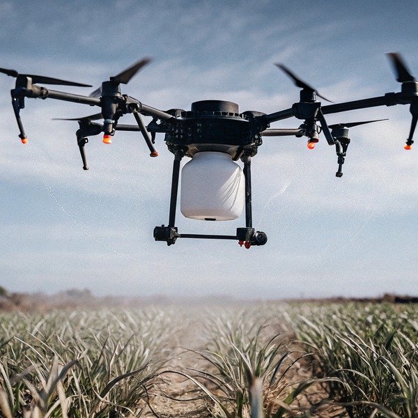 Agricultural drone spraying crops in a field, clear sky (ID#1)