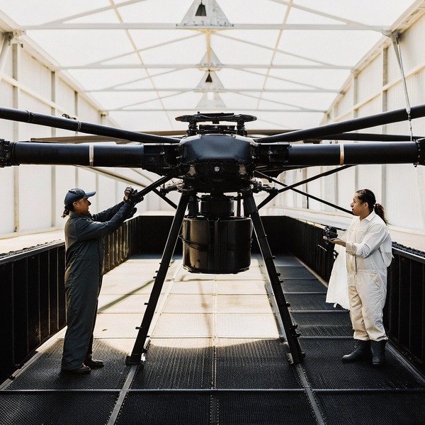 Two engineers working on a large industrial drone inside a hangar (ID#1)